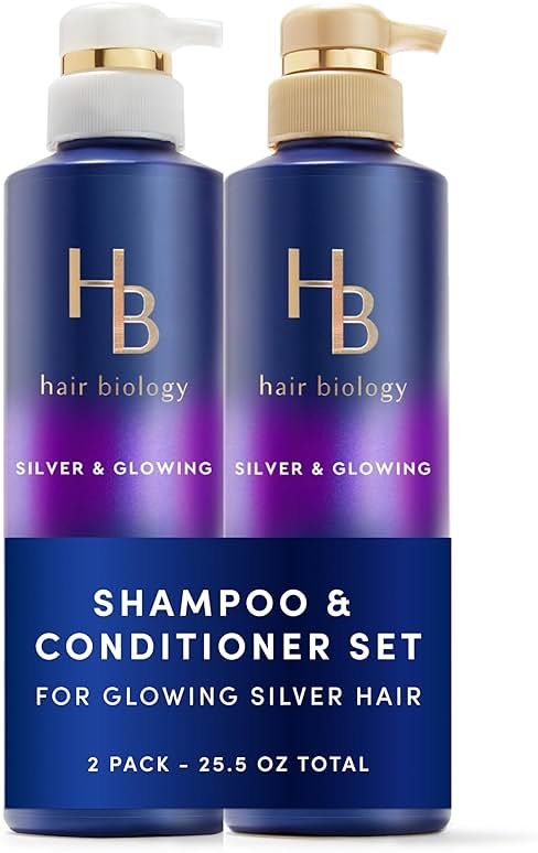 Hair Biology Biotin-Infused Purple Shampoo and Conditioner Set for Grey Hair, Anti-Brassiness, Moisturizing, Color-Safe, Silver & Glowing, Corrects Yellow Tones, 12.8 Fl Oz Each, 2 Pack - Product Image