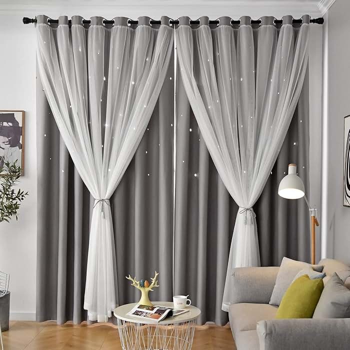 Loyala Star Blackout Double Layer Curtains - Cute Kids Bedroom & Nursery Curtains, 63 Inch Length, 2 Panels, Grey - Product Image