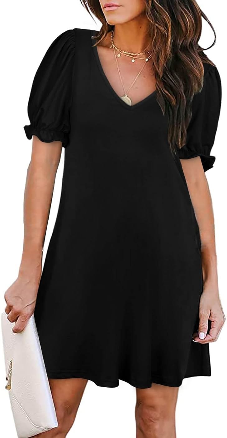 Aloodor Women's Casual Dresses Short Sleeve V-Neck Dress with Pockets - Product Image