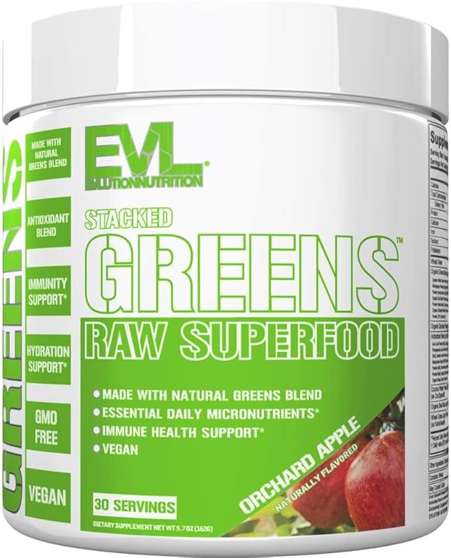 Evlution Nutrition Stacked Greens - Raw Superfood - Made with Natural Greens Blend + Essential Daily Micronutrients - Immunity + Hydration Support - Vegan & GMO-Free - 30 Servings - Orchard Apple - Product Image