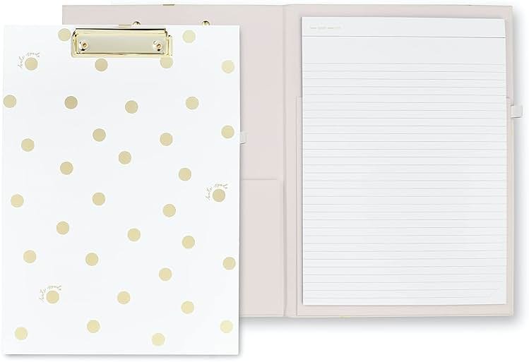 Kate Spade New York Clipboard Folio with Low Profile Clip, Professional Padfolio Includes Lined Notepad, Pen Loop, and Pocket, Gold Dot with Script - Product Image