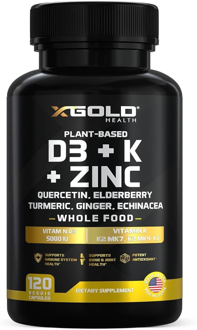 Vitamin D, K2, K1, Zinc, Quercetin, Elderberry, Turmeric, Ginger & Echinacea Whole Food Supplement 8 in 1- D3 5000 IU Plant-Based from Lichen, Vitamin K (K2 MK7, MK4, K1), D3 K2 Vitamins -120 Capsules - Product Image