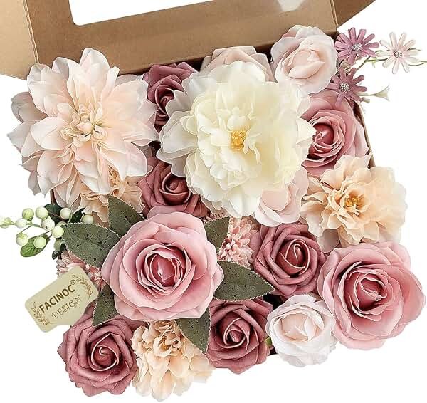 FACINOC Roses Artificial Flowers Pink Bouquets Box Set for DIY Bridal Wedding Shower Decorations Fake Floral Arrangements for Party Table Centerpieces Home Decor Indoor Outdoor Dusty Blush 19pcs - Product Image