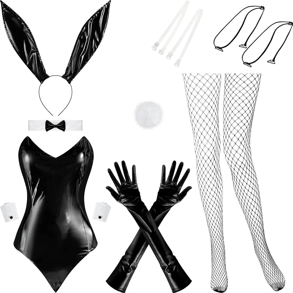 BBTO 9 Pcs Bunny Outfit for Girl Halloween Tails Bodysuit Stockings Rabbit Costume Set for Women Party Bunny Suit - Product Image