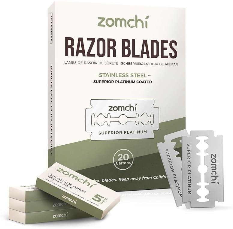 ZOMCHI Double Edge Razor Blades, 100 Count Stainless Steel Refills | 60 individually wrapped blades, fits standard double edge razors, stainless steel material, convenient refills - Product Image