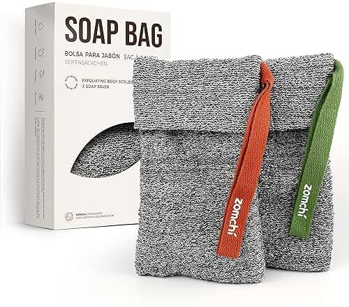 ZOMCHI Soap Saver Bags for Bar Soap, 2 Pack, Deep Texture Grey | Nylon mesh helps create rich lather, hanging loop, quick drying design, roomy pouch for bath and shower routines - Product Image