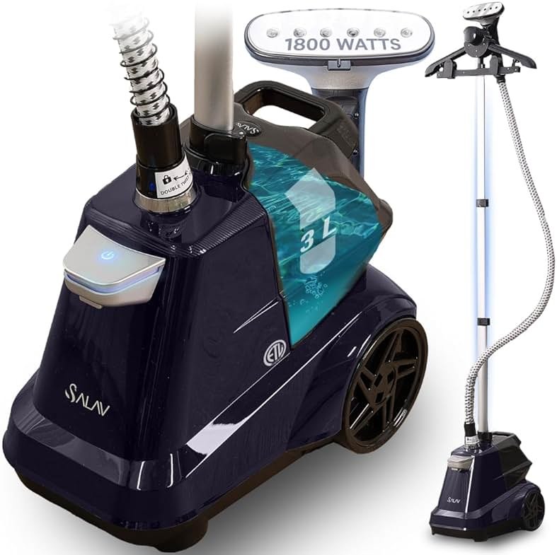 SALAV Heavy Duty Commercial Full-Size Garment Steamer with Foot Pedals and Extra Large 3L (101.5 oz) Water Tank, 1800 watts of Poweful Steam (Navy) - Product Image