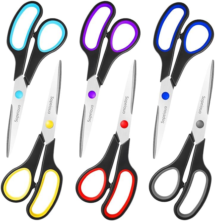 Scissors Set of 6-Pack, 8" Scissors All Purpose Comfort-Grip Handles, Sharp Scissor for Office Home School Craft Sewing Fabric Supplies, High/Middle School Student Teacher, Right/Left Hand - Product Image