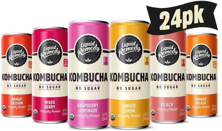 Liquid Remedy Kombucha Sugar Free Organic Drink, Low Calorie, Probiotic Like Tea for Gut Health - Super Sampler Variety Pack - 8.5 Fl Oz Can, 24-Pack - Product Image