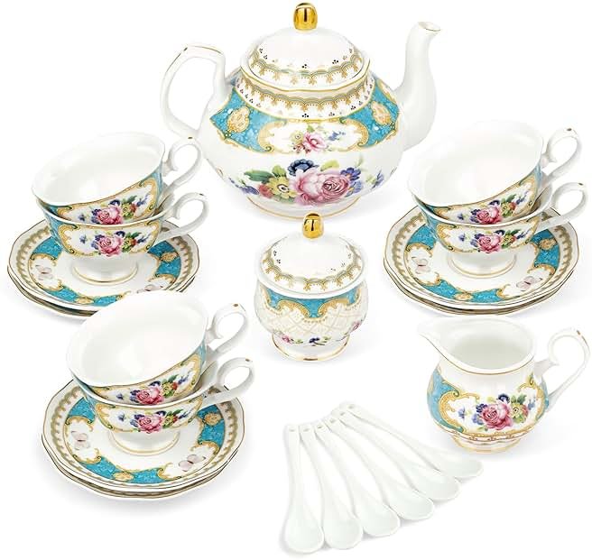 fanquare 21 Piece European Porcelain Tea Set, Teal Cups and Saucers Service for 6, Blue Tea Gift Set for Adults - Product Image