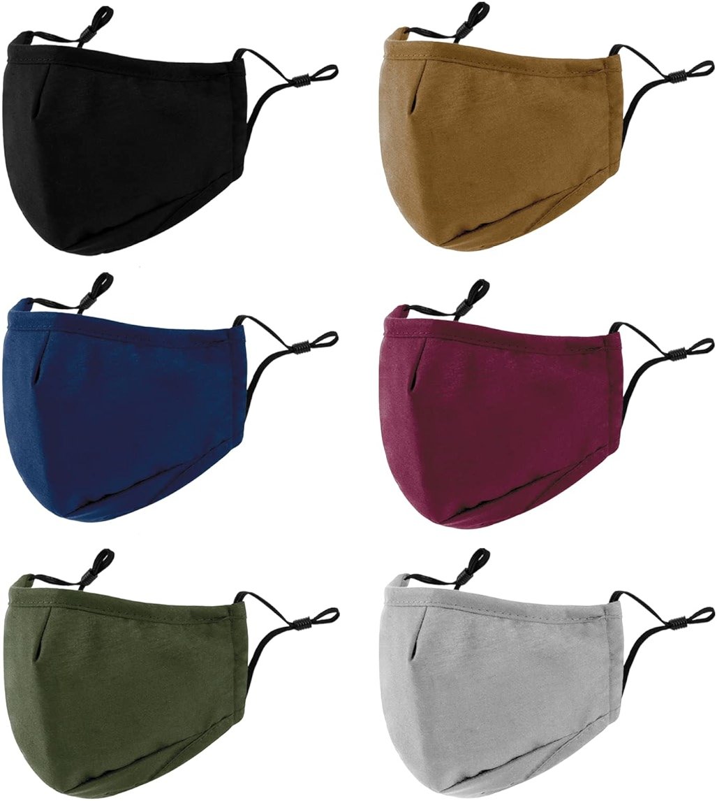 3-Ply Cloth Face Mask 6 Pack,Washable, Reusable and Breathable Face Covering with Adjustable Ear Protection Loops for Women and Men (Black/Grey/Wine Red/Dark Green/Dark Blue/Brown) - Product Image