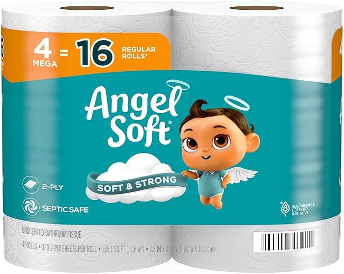 Angel Soft Toilet Paper, 4 Mega Rolls = 16 Regular Rolls, Soft and Strong Toilet Tissue - Product Image