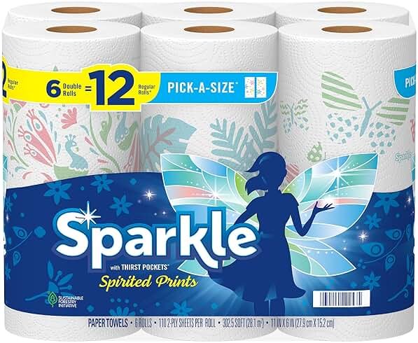 Sparkle Pick-A-Size Paper Towels, Spirited Print Design, 6 Double Rolls (660 Sheets Total) - Strong 2-Ply Towels for Kitchen Cleanup and Everyday Messes - Product Image