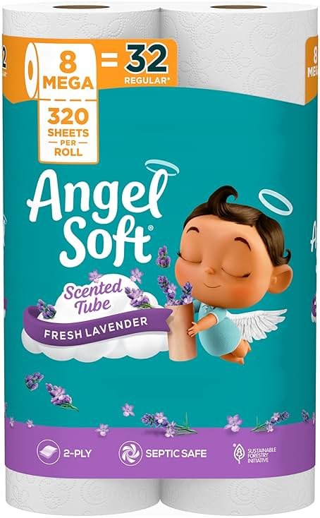 Angel Soft Toilet Paper with Fresh Lavender Scented Tube, 8 Mega Rolls = 32 Regular Rolls, Soft and Strong Toilet Tissue - Product Image