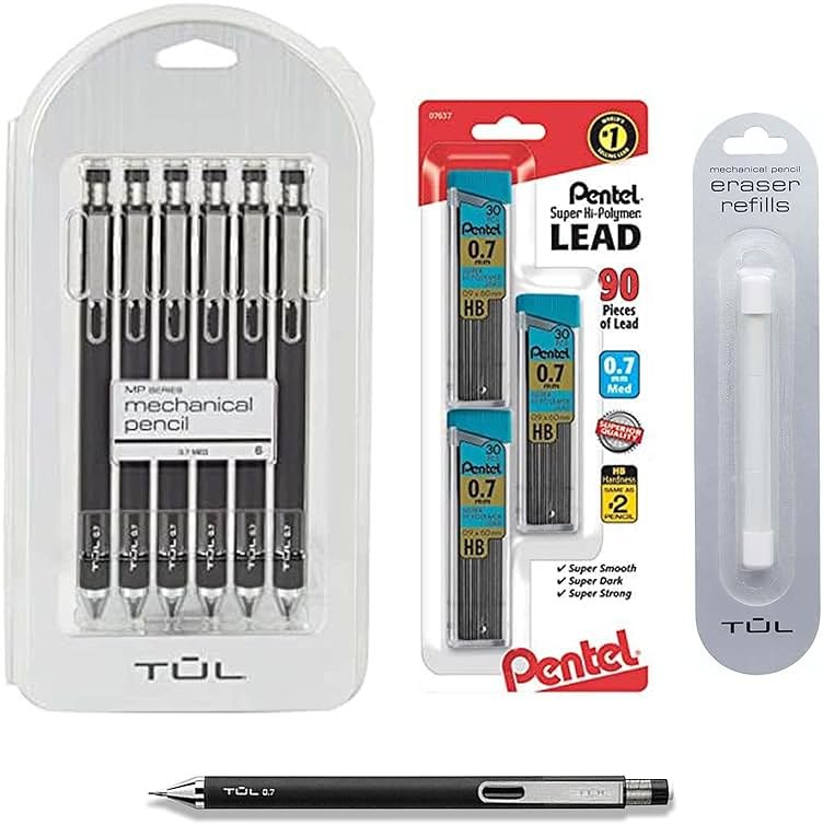 TUL Pencil Value Pack, 0.7mm Tul Mechanical Pencils 6 Pack , TUL Eraser Refill 1 Pack 3 10 Piece Set - Product Image