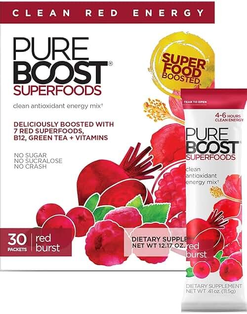 Pureboost Sugar-Free Superfoods Clean Energy Booster, Red Burst 30 Count, Refreshing Energy Drink Mix with 7 Organic Red Superfoods; Beet, Hibiscus, Pomegranate and Vitamins, No Sucralose - Product Image