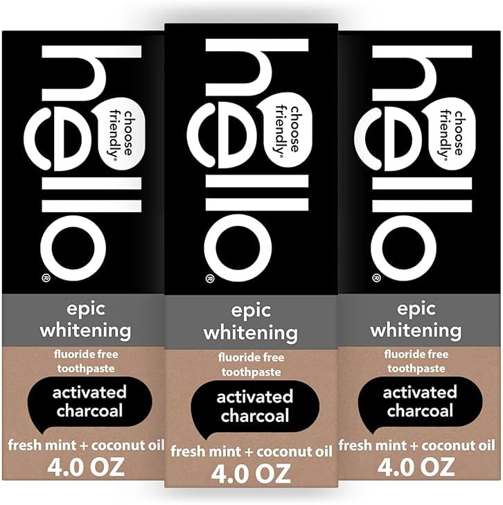 hello Epic Whitening Charcoal Fluoride Free Toothpaste, Activated Charcoal Toothpaste with Coconut Oil, Whitens Teeth Naturally, SLS Free, Fresh Mint, 3 Pack, 4.0 Oz Tubes - Product Image