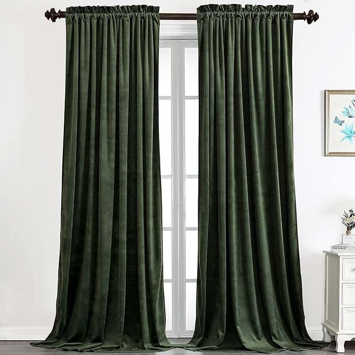 Benedeco Green Velvet Curtains for Bedroom Window, Super Soft Luxury Drapes, Room Darkening Thermal Insulated Rod Pocket Curtain for Living Room, W52 by L84 inches, 2 Panels - Product Image