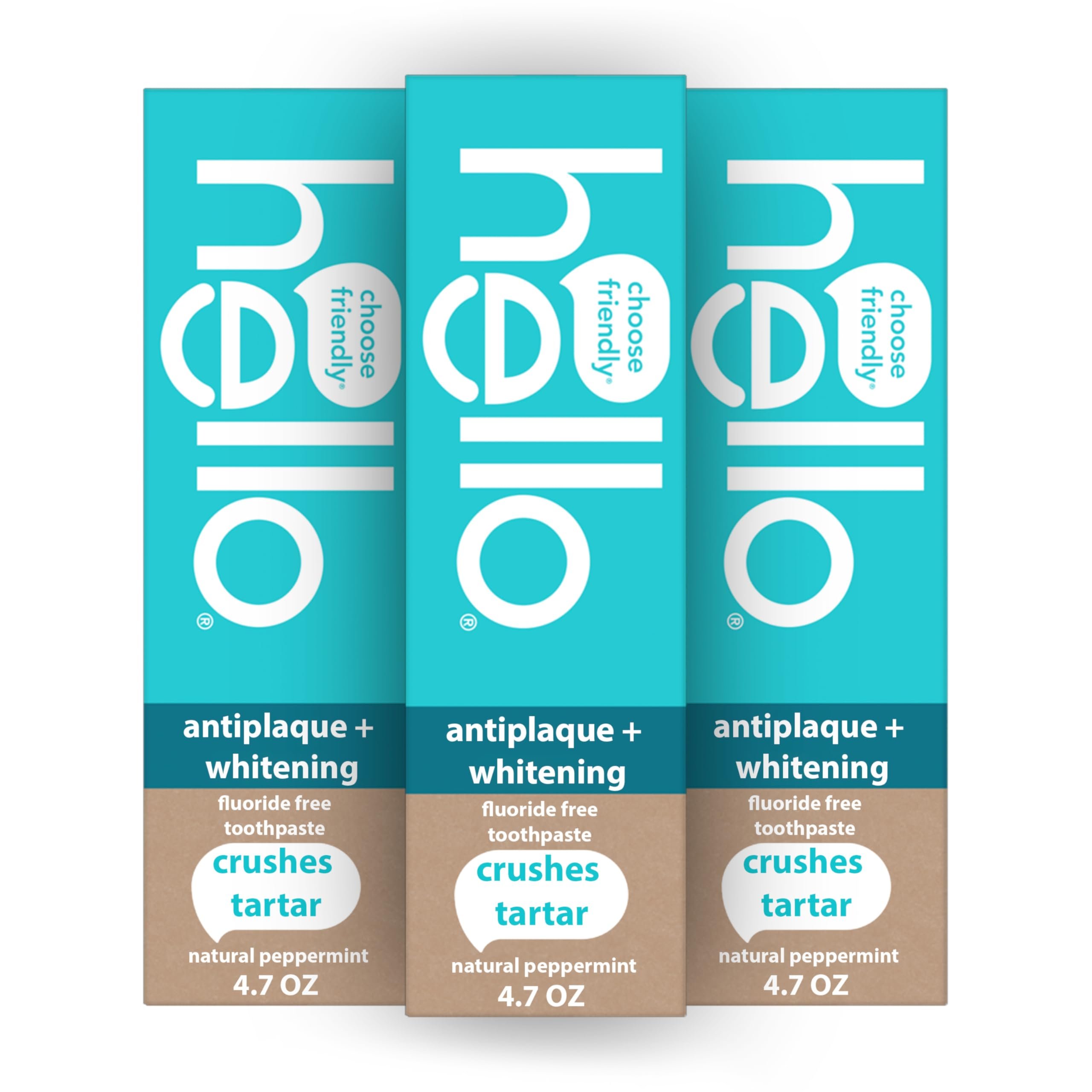 hello Antiplaque and Whitening Fluoride Free Toothpaste, Whitening Toothpaste with Coconut Oil and Tea Tree Oil, Helps Whiten Teeth, Natural Peppermint, 3 Pack, 4.7 Oz Tubes - Product Image