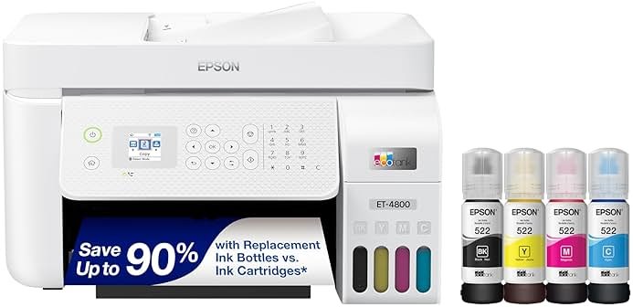 Epson EcoTank ET-4800 Wireless All-in-One Cartridge-Free Supertank Printer with Scanner, Copier, Fax, ADF and Ethernet – Ideal-for Your Home Office, White - Product Image