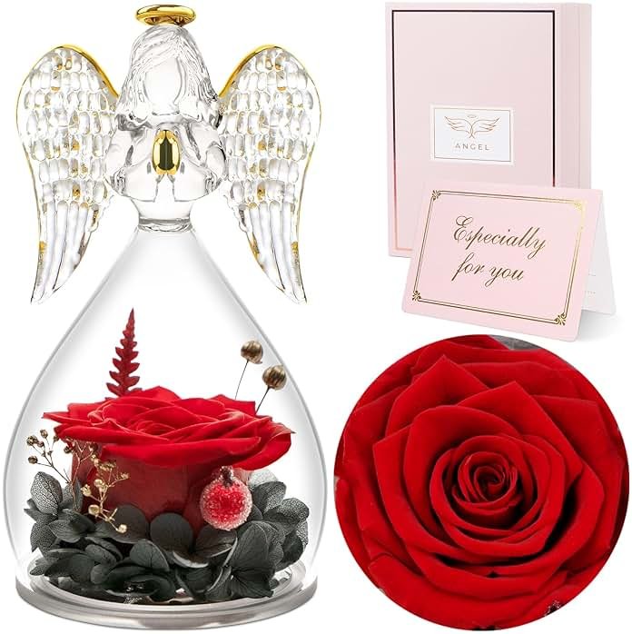 Sunia Gifts for Mom Birthday Gifts for Women, Preserved Real Roses in Glass Angel Figurine, Eternal Forever Flowers for Delivery Prime, Fresh Flower Presents for Mothers Grandma Wife Daughter Sister - Product Image
