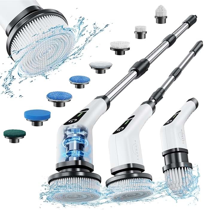 Leebein Electric Spin Scrubber, Cordless Cleaning Brush with 8 Replaceable Brush Heads, Tub and Floor Tile 360 Power Scrubber Dual Speed with Adjustable & Detachable Handle for Bathroom Kitchen Car - Product Image