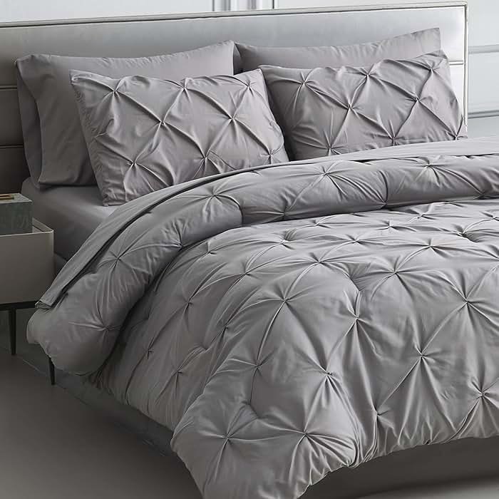 Maple&Stone Queen Comforter Set - 7 Pieces Pintuck Bed in A Bag Queen Pleat Pinch - Comforters Queen Size - Comforter Set with Flat Sheet, Fitted Sheet and Pillowcases & Shams, Grey - Product Image