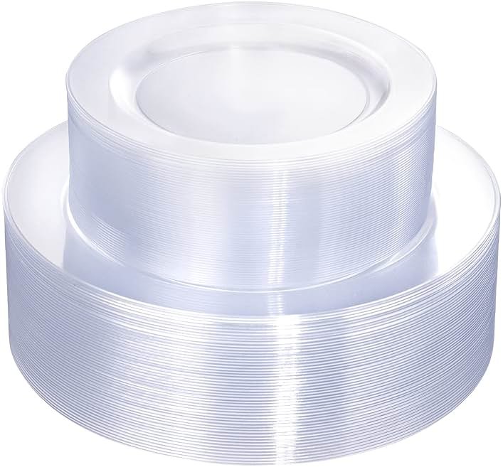 FLOWERCAT 100PCS Clear Plastic Plates - Heavy Duty Clear Disposable Plates for Fall Party/Wedding/Christmas - Include 10inch & 7inch Dinner/Dessert Plates for 50guests - Product Image