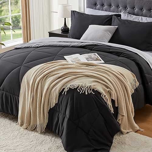 BEDELITE Queen Comforter Set 7 Pieces Bed in A Bag - Soft Microfiber Reversible Black Bed Set with Comforters, Sheets, Pillowcases & Shams, Cozy Luxury Bedding Sets for All Season - Product Image