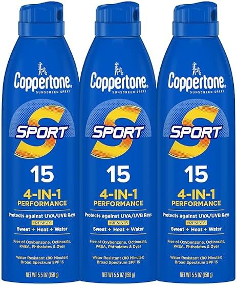 Coppertone Sport Sunscreen Spray, Broad Spectrum SPF 15 Water Resistant Spray Sunscreen, 5.5 Oz, Pack of 3 - Product Image