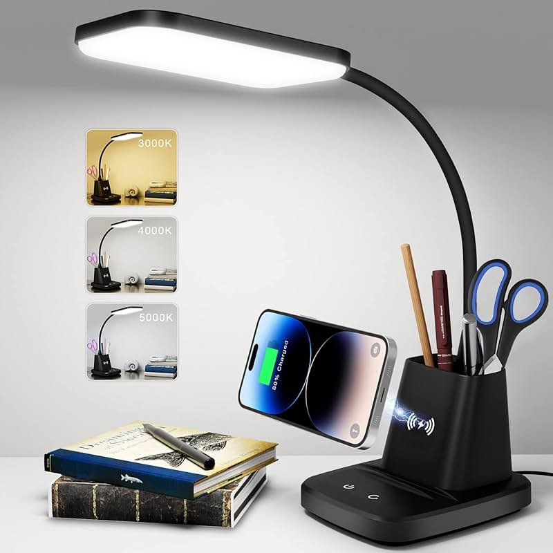 Sailstar Desk Lamp, LED Desk Lamps for Home Office, Wireless Charger Small Desk Lamp with Pen Holder, 3 Color Modes, Dimmable, CRI 85, 800LM, Study Lamps for College Dorm Room, Adapter Included, Black - Product Image