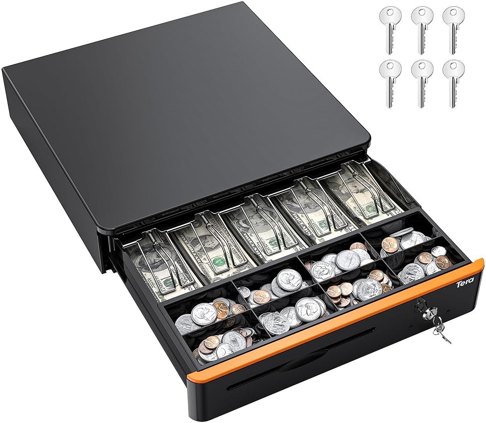 Tera 16 inch Auto Open Cash Drawer with Heavy Duty Insert Tray 5 Bill 8 Coin for POS System Removable Cash Tray Media Slot 24V RJ12 Key-Lock (Round Corner) for Small Business Retail 405R - Product Image
