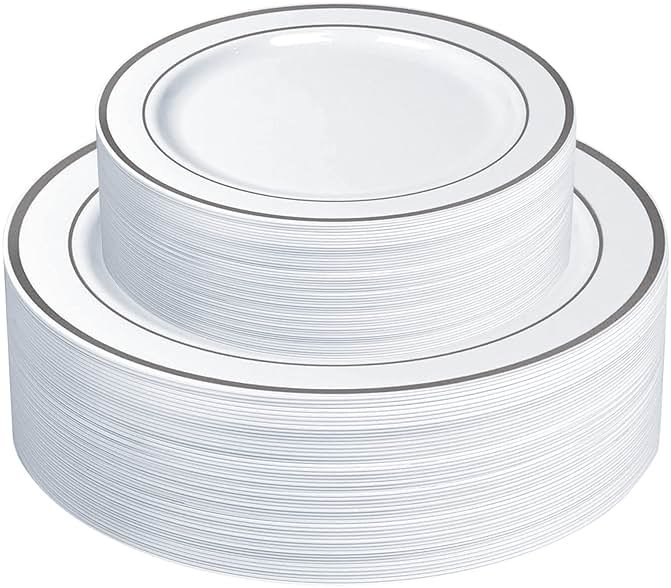 SETUP [60 Piece Combo Silver Trim Plastic Plates - Premium Heavy-Duty 30 Disposable 10.25" Dinner Party Plates and 30 Disposable 7.5" Salad Plates - Product Image