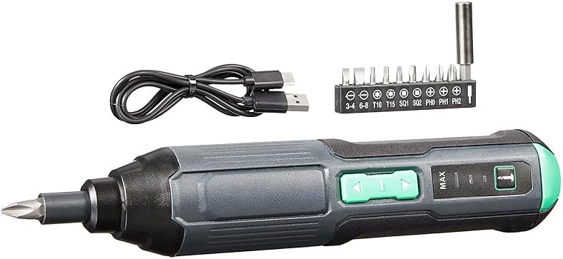 Amazon Basics by SKIL 4V Cordless Stick Screwdriver with 10-Piece Bit Set, USB Cable, LED Light, 3 Torque Settings - Product Image