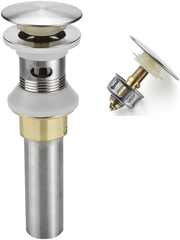 Rockgoya Bathroom Sink Drain,Drain Stopper Bathroom Sink with Overflow,Pop Up Drain Assembly with Detachable Strainer Basket,Built-in Anti-Clogging Strainer,Stainless Steel Brushed Nickel - Product Image