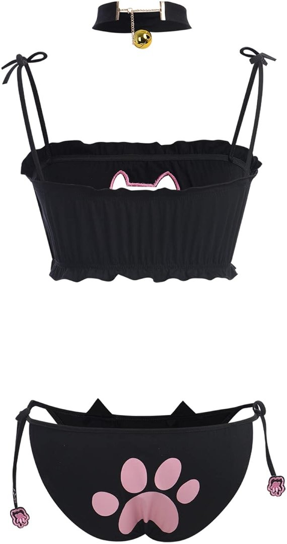 ABAFIP Womens Cute Kawaii Anime Cat Kitten Lingerie set Micro Bikini Strappy Tiny Bra Mini Panty Extreme Swimsuit - Product Image