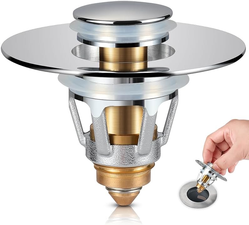 Bathroom Sink Drain Strainer, 2 in 1 Anti-Clogging Sink Stopper with Hair Catcher, Universal Pop-Up Sink Drain Plug Fits 1.1" ~ 1.5" Drain, Solid Brass (Chrome) - Product Image