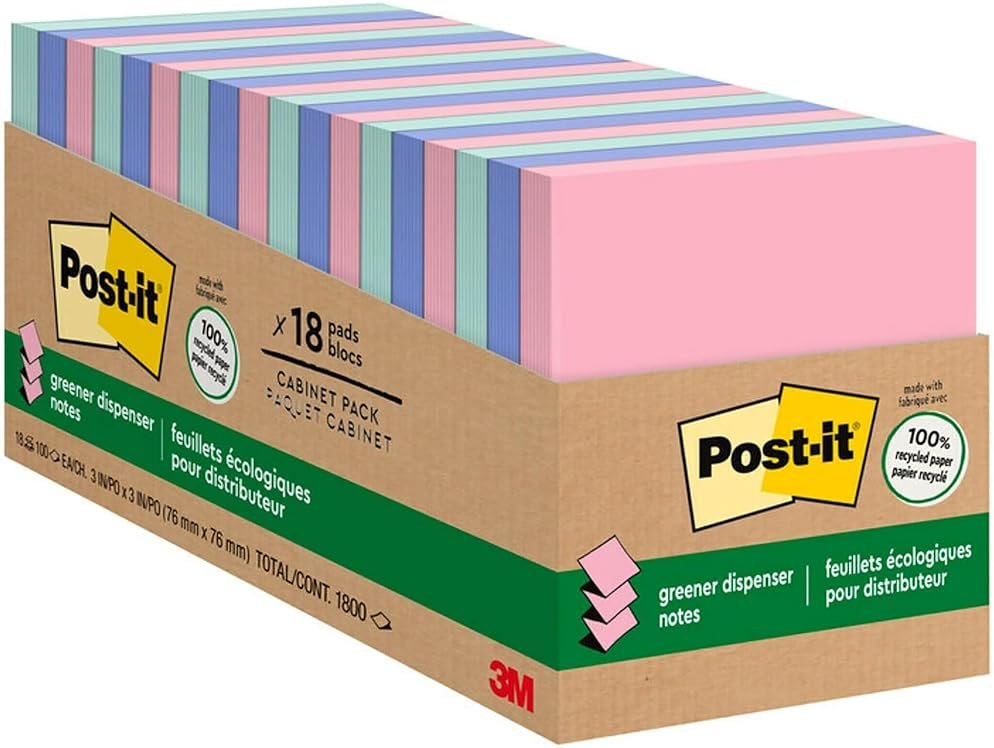 Post-it Greener Pop Up Notes, 3 in x 3 in, 18 Pads, 100 Sheets/Pad, Clean Removal, Back to School Supplies for Students, - Product Image