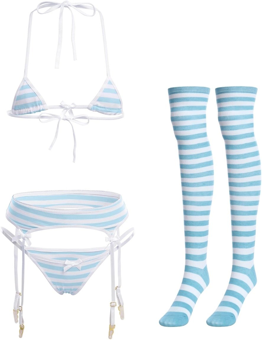 ABAFIP Women Cute Kawaii Anime Lingerie set Halter Strap Micro Bra Tiny Panty Garter Belt Striped Stockings 4Pcs Underwear - Product Image