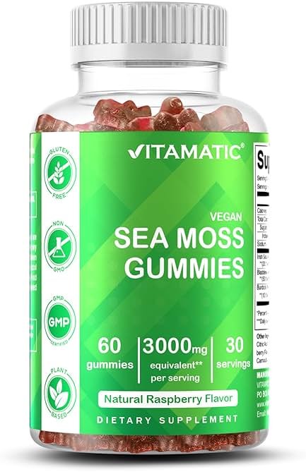 Vitamatic Irish Sea Moss Gummies with Bladderwrack & Burdock Root – Botanical Extract Supplement – Vegan, Non-GMO – 60 Count - Product Image