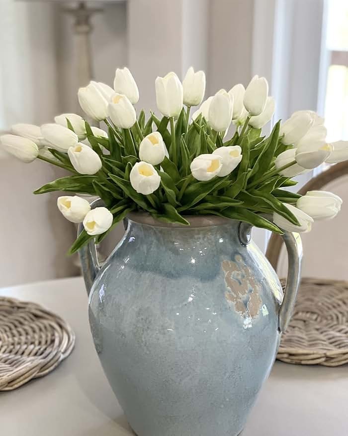 Beferr White Tulips Artificial Flowers 18Pcs Faux Silk Tulip Real Touch Tulip Fake Flowers Bouquets Arrangements for Mother's Day Easter Spring Flowers Gifts Home Table Decor - Product Image