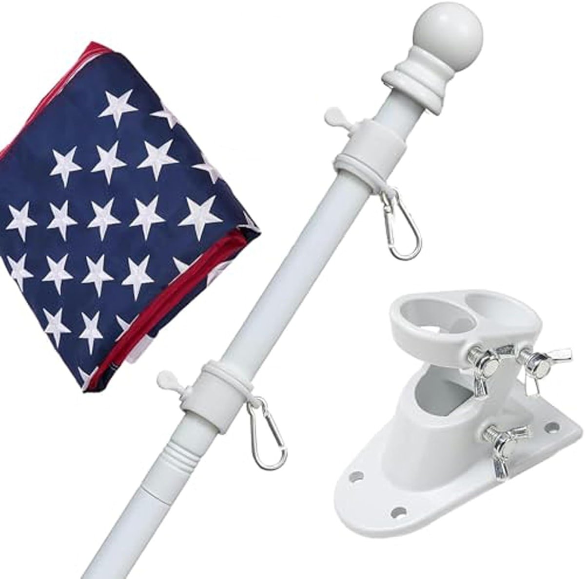 Flag Pole Kit with 3x5 American Flag - Includes 5ft Heavy Duty Tangle Free Flagpole,Embroidered 3X5 US Flag,Aluminum Mount Holder Bracket,Metal Flagpoles for Outside House,Porch,Outdoor - White - Product Image