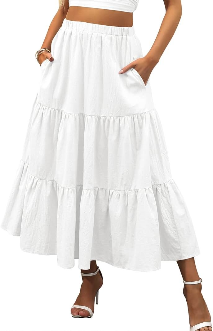 ANRABESS Women’s Summer Boho Flowy Swing Tiered A-Line Maxi Skirt 2026 Fashion Trendy Elastic Waist Pleated Long Beach Dress - Product Image