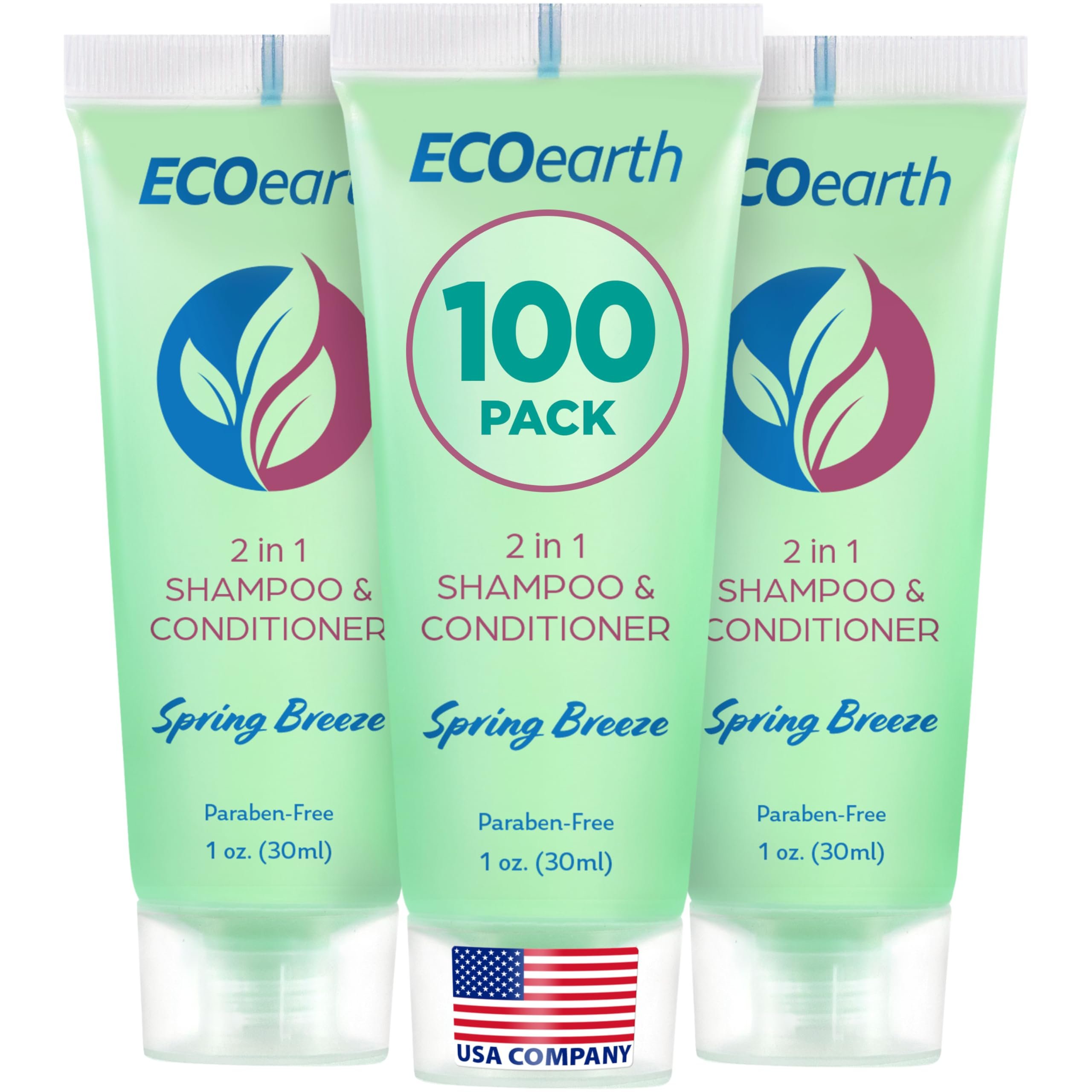 EcoEarth Travel Size Shampoo Conditioner 2-in-1 (1 fl oz, 100 PK, Spring Breeze) Delight Your Guests w/Revitalizing & Refreshing Conditioning Shampoo Amenities, Small Size Hotel Toiletries in Bulk - Product Image