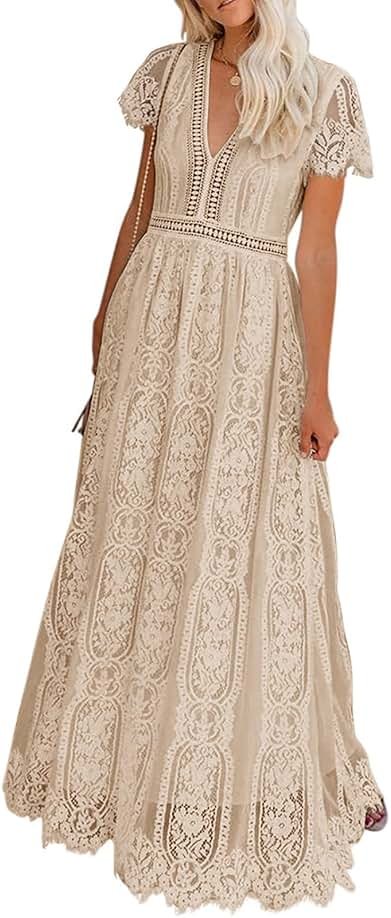 MEROKEETY Women's 2026 V Neck Short Sleeve Floral Lace Wedding Dress A Line Boho Bridesmaid Cocktail Party Maxi Dress - Product Image