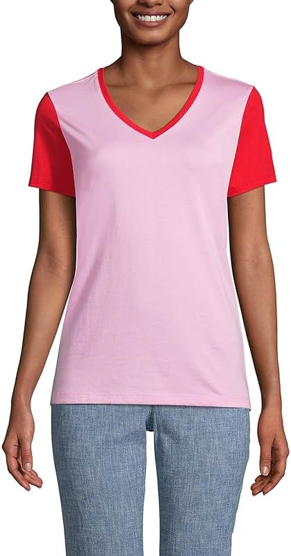 Lands' End Womens SS Relaxed Supima V Neck T Shirt Wild Blossom Colorblock Regular Medium - Product Image