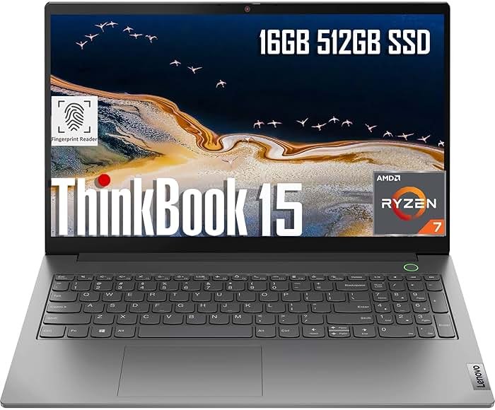 Lenovo ThinkBook 15 Business Laptop (15.6" FHD Anti-Glare, 16GB RAM, 512GB SSD, AMD Ryzen 7 5825U (> Intel i7-1165G7)), FHD Webcam w/ Shutter, Military Grade, Fingerprint, Ethernet, Win 11 Pro, Grey - Product Image