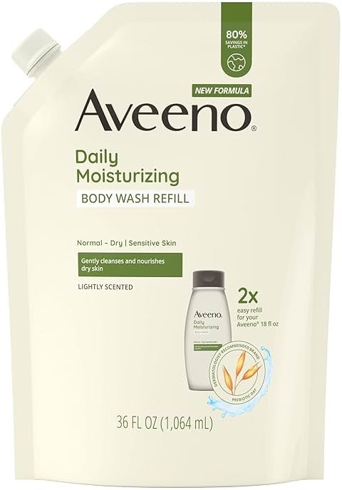 Aveeno Daily Moisturizing Body Wash for Sensitive Skin + Prebiotic Oat, Gently Cleanses, Nourishes & Feels Moisturizing Dry Skin, Light Fragrance, Refill Pouch, 36 fl. oz - Product Image