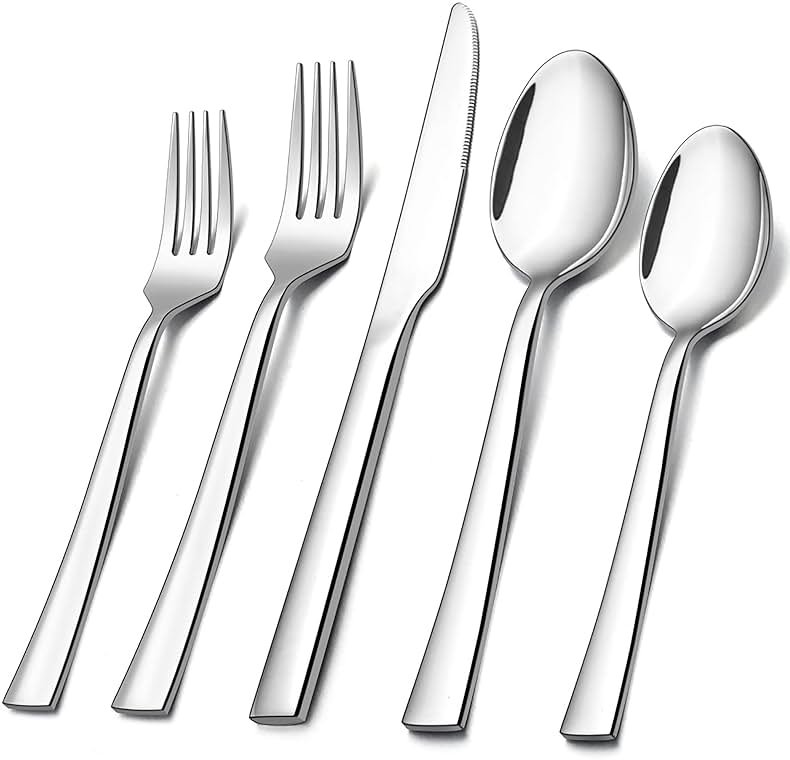 10-Piece Silverware Set, E-far Stainless Steel Flatware Set Service for 2, Modern Tableware Cutlery Set for Home and Restaurant, Square Edge & Mirror Finish, Dishwasher Safe - Product Image