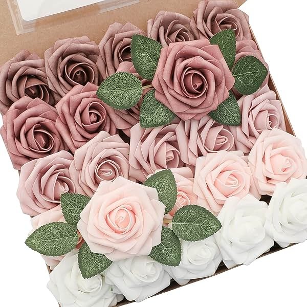 Floroom Artificial Flowers 25pcs Real Looking Dusty Rose Ombre Colors Foam Fake Roses with Stems for DIY Wedding Bouquets Bridal Shower Centerpieces Floral Arrangements Party Tables Home Decorations - Product Image